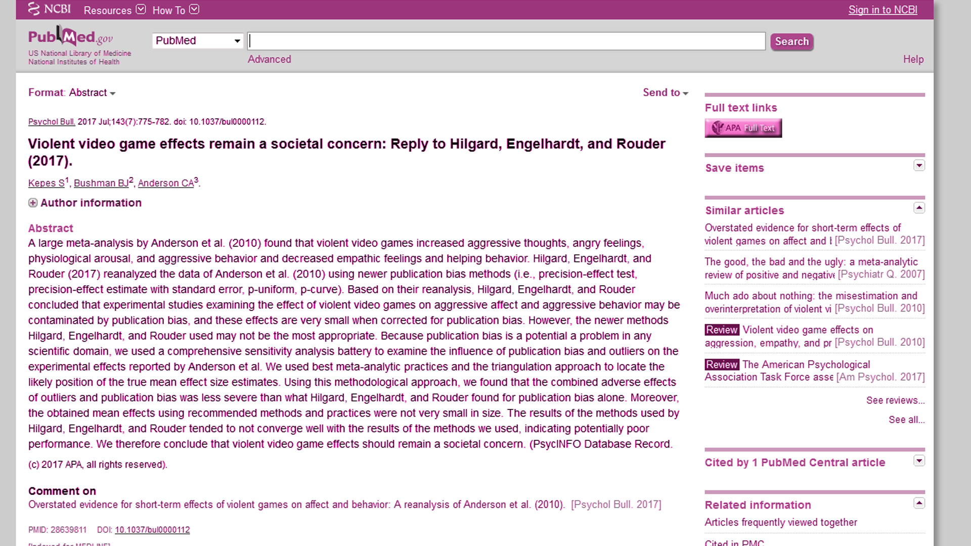 Hilgard et al. (2019) Null Effects of Game Violence, Game Difficulty, and 2D:4D Digit Ratio on Aggressive Behavior.